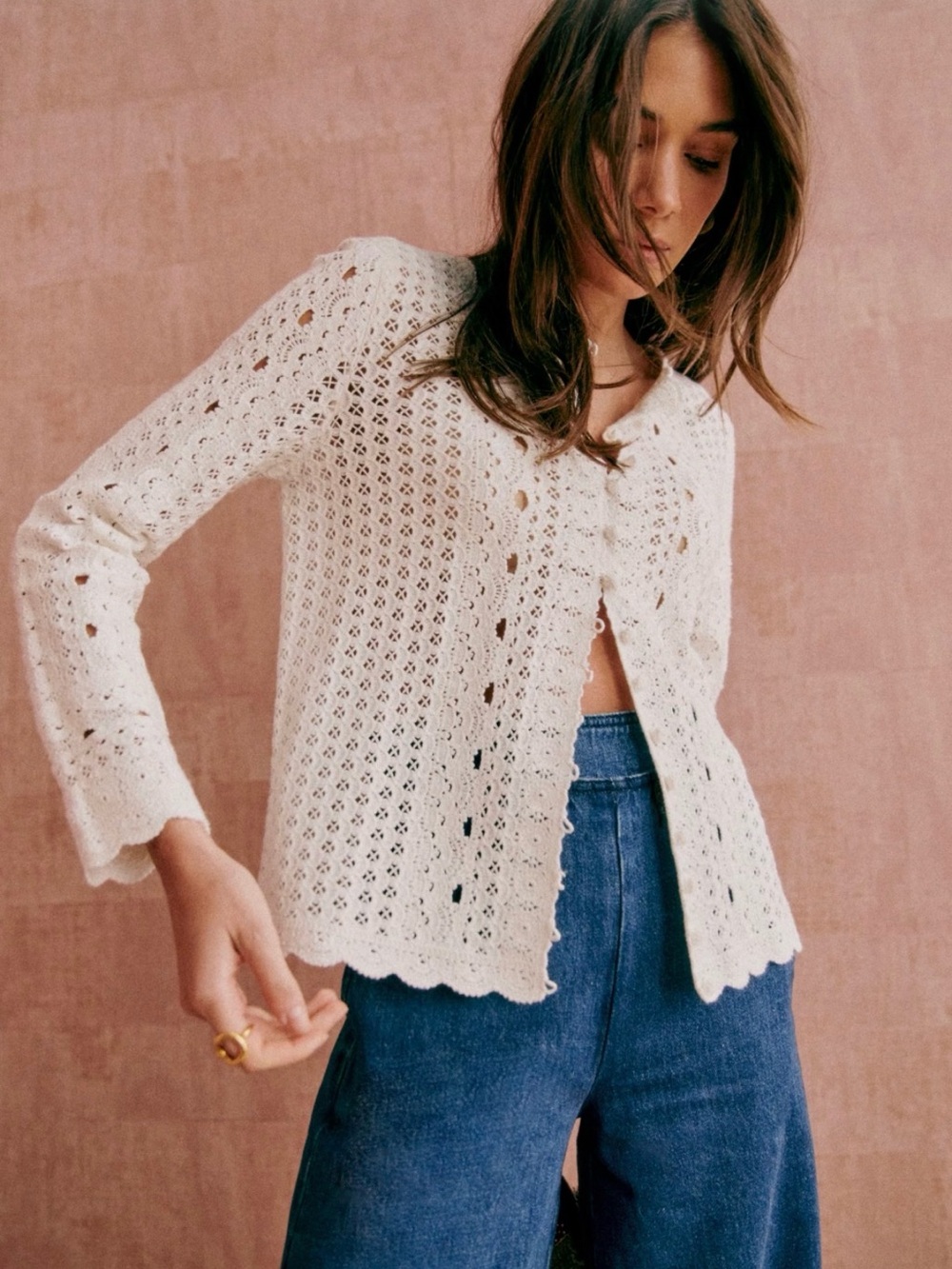 NWT Sezane Noelia Lace Knit Button-Front Sweater Cardigan